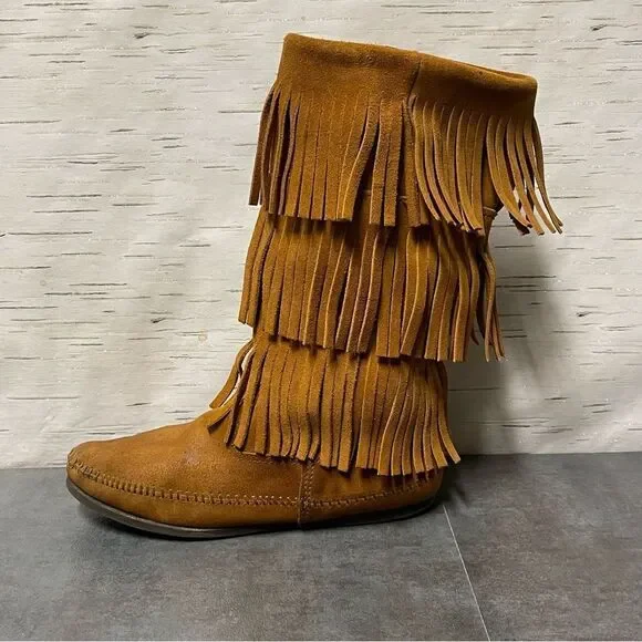 Minnetonka Women’s 3-Layer Fringe Brown Suede Leather Boots Size 8 - Picture 11 of 16